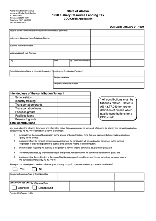 Fillable Form 04-681 - Fishery Resource Landing Tax Cdq Credit Application - 1998 Printable pdf