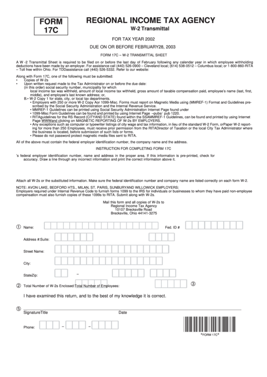 Form 17c - W-2 Transmittal Printable pdf