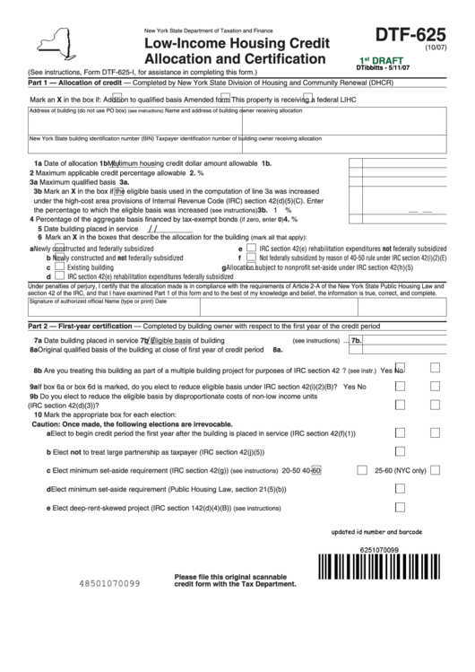 Form Dtf-625 - Low-Income Housing Credit Allocation And Certification Printable pdf