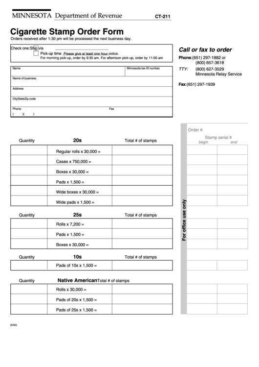 Form Ct-211 - Cigarette Stamp Order Form - 2000 Printable pdf
