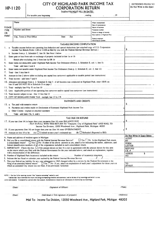 Form Hp-1120 - City Of Highland Park Income Tax Corporation Return Printable pdf