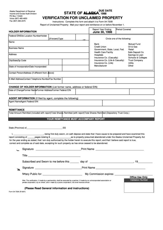 Fillable Form 04-720a - Verification For Unclaimed Property Printable pdf