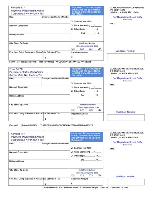 Fillable Form 04-711 - Payment Of Estimated Alaska Corporation Net Income Tax Printable pdf