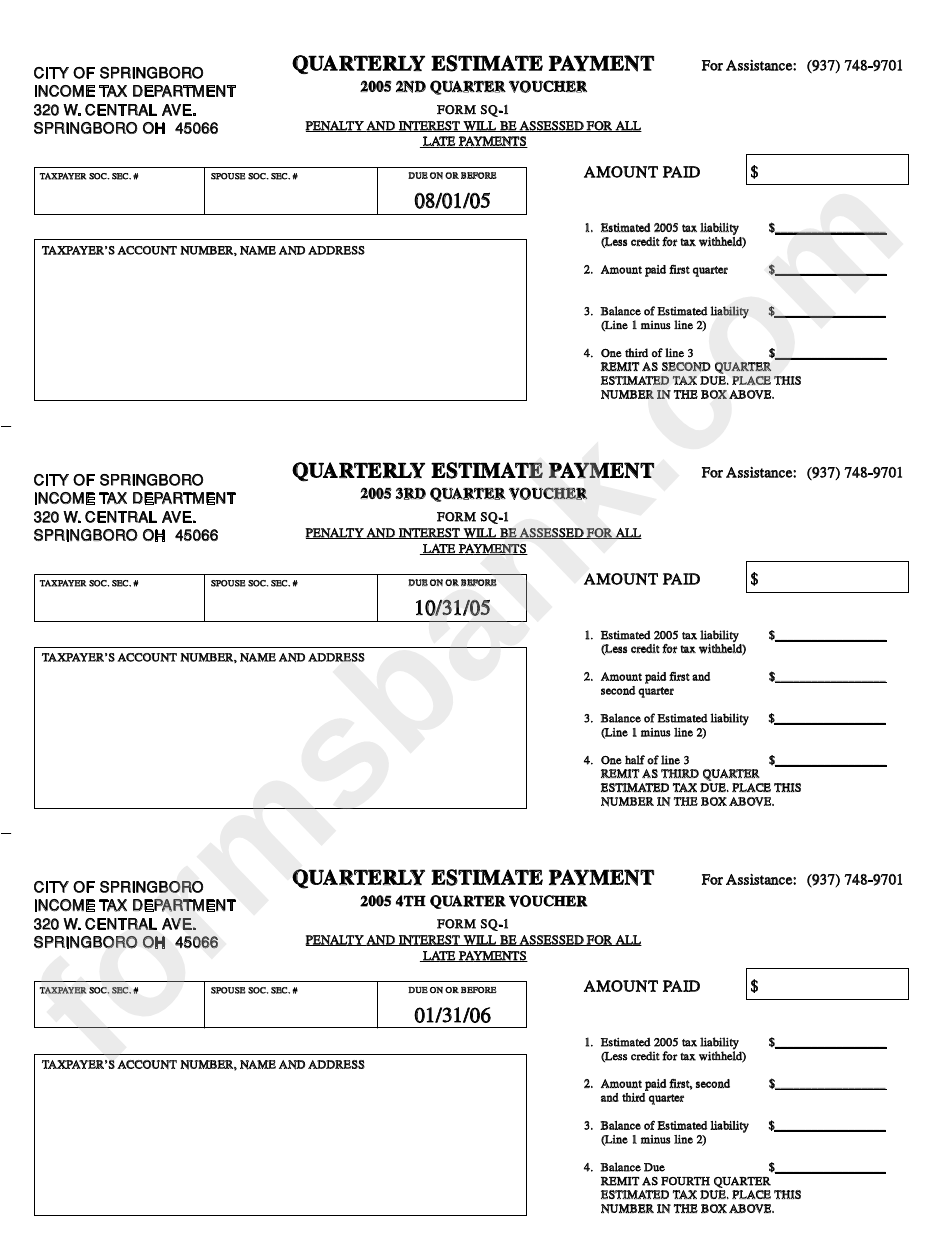 Form Sq-1 - Quarterly Estimated Payment 2005