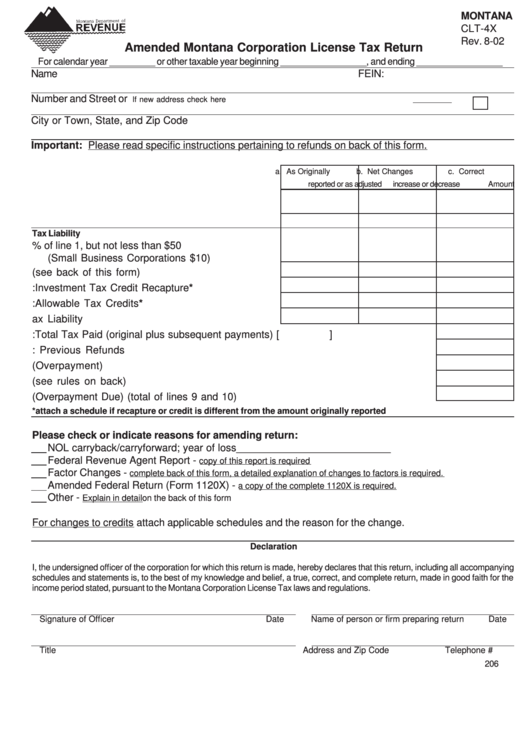 Form Clt-4x - Amended Montana Corporation License Tax Return With Instructions - 2002 Printable pdf