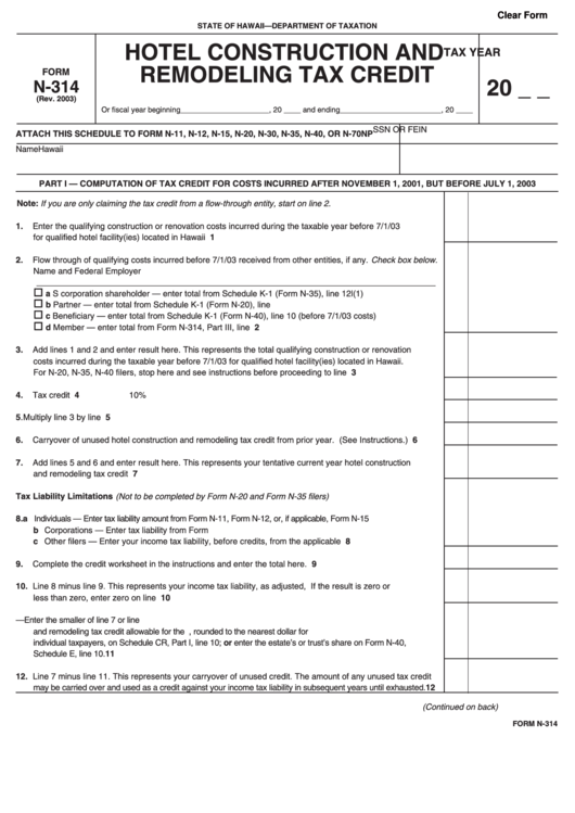Form N-314 - Hotel Construction And Remodeling Tax Credit - 2003