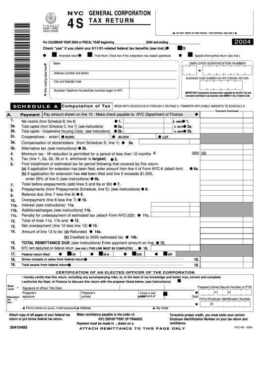 Fillable Form Nyc-4s - General Corporation Tax Return - 2004 Printable pdf