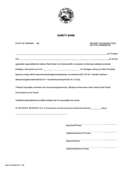 Fillable Form 35229 - Surety Bond - Indiana Real Estate Commission Printable pdf