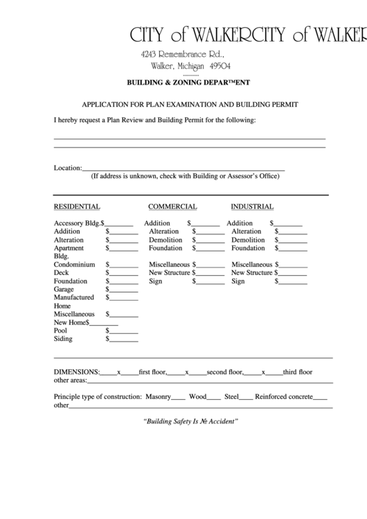 Application For Plan Examination And Building Permit - City Of Walker Printable pdf