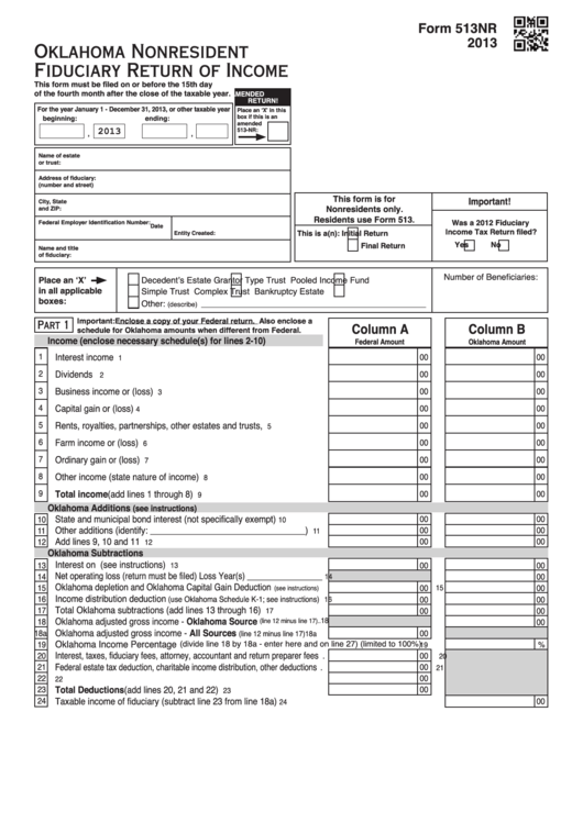 Fillable Form 513nr - Oklahoma Nonresident Fiduciary Return Of Income - 2013 Printable pdf