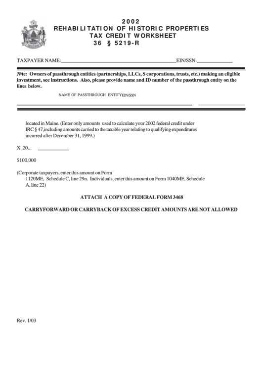 Rehabilitation Of Historic Properties Tax Credit Worksheet - 2002 - Maine Department Of Revenue Printable pdf