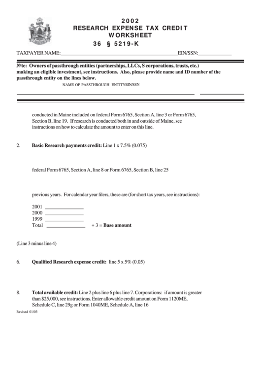 Research Expense Tax Credit Worksheet - Maine Department Of Revenue - 2002 Printable pdf