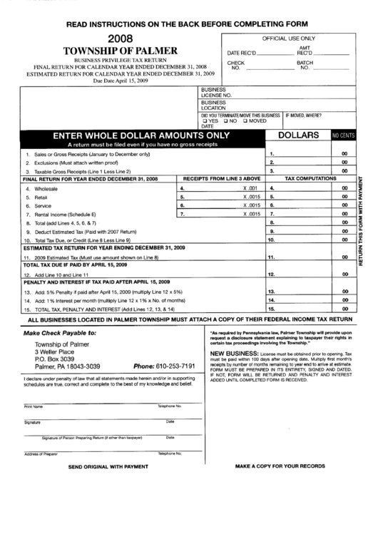 Business Privilege Tax Return Form 2008 Printable pdf