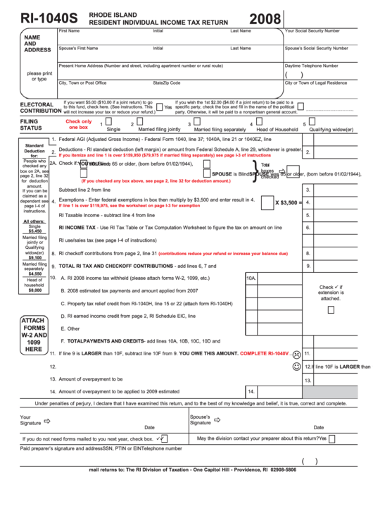 Form Ri1040s Resident Individual Tax Return 2008 printable