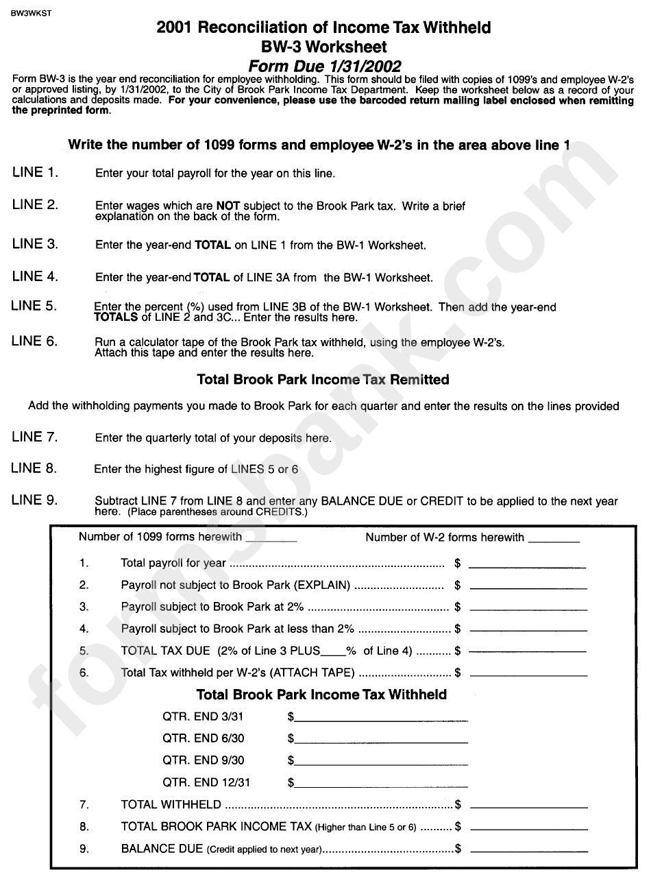 Reconciliation Of Income Tax Withheld - Bw-3 Worksheet - 2001