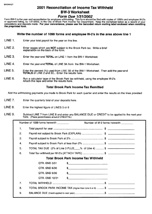 Reconciliation Of Income Tax Withheld - Bw-3 Worksheet - 2001 Printable pdf