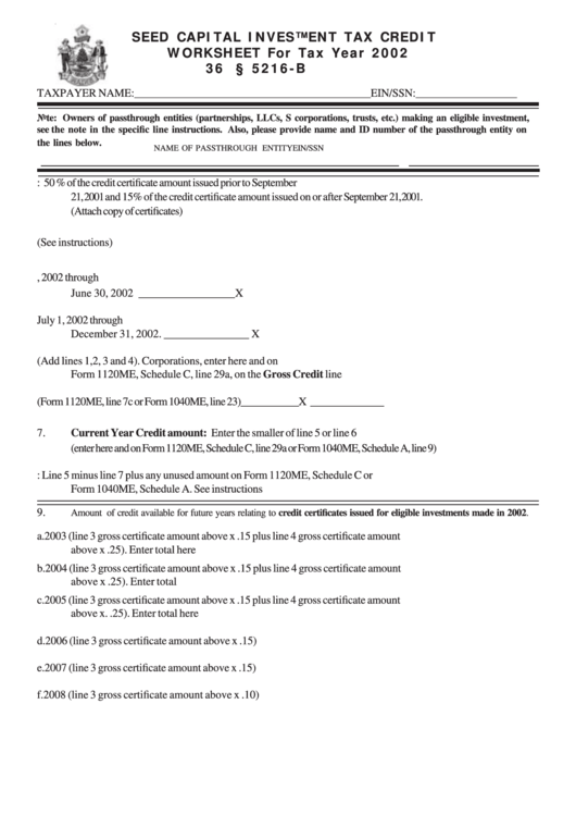 Seed Capital Investment Tax Credit Worksheet For Tax Year 2002 - Maine Department Of Revenue Printable pdf
