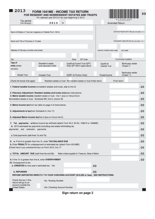 Form 1041me - Income Tax Return For Resident And Nonresident Estates And Trusts - 2013 Printable pdf