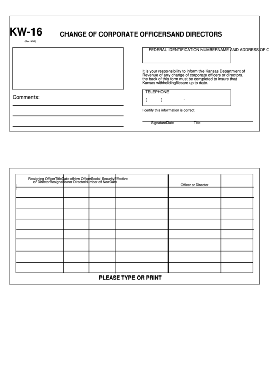 Form Kw-16 - Change Of Corporate Officers And Directors Printable pdf