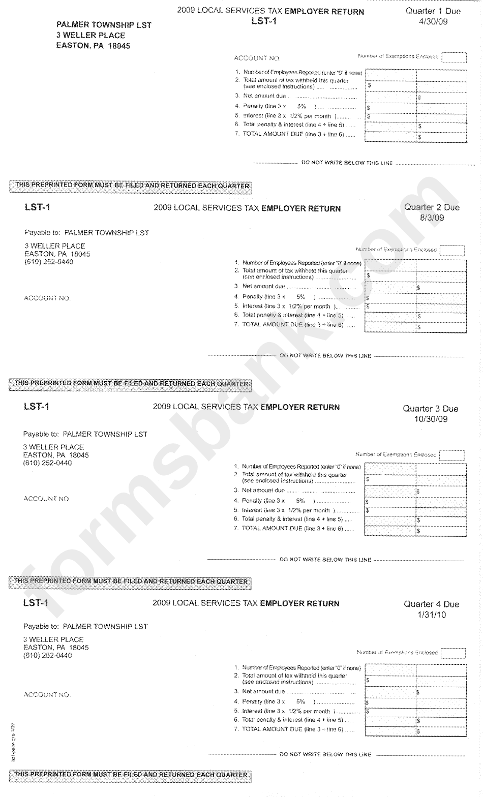 Form Lst-1 - 2009 Local Services Tax Employer Return