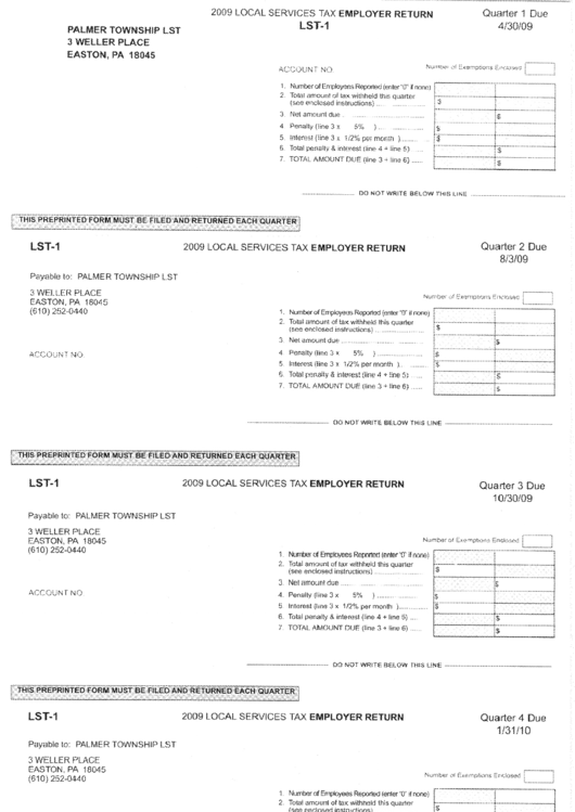 Form Lst-1 - 2009 Local Services Tax Employer Return Printable pdf