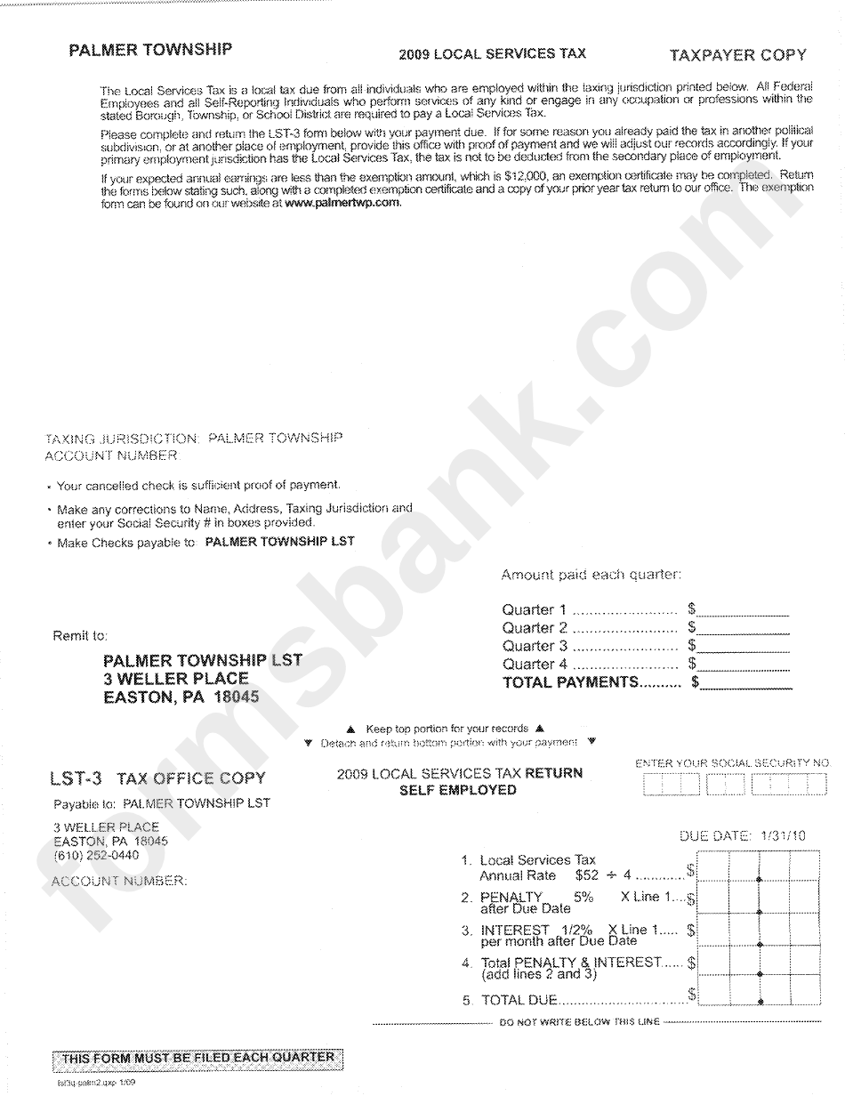 Form Lst-3 - 2009 Local Services Tax Return