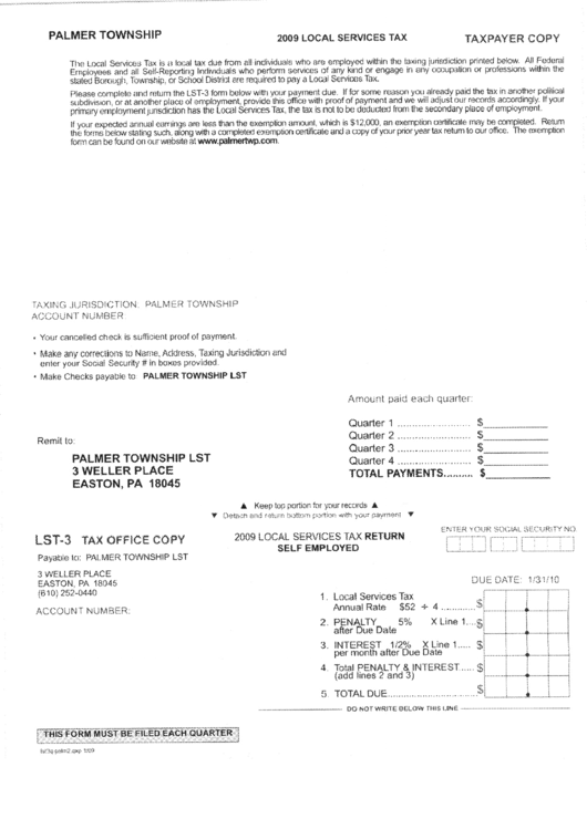 Form Lst-3 - 2009 Local Services Tax Return Printable pdf