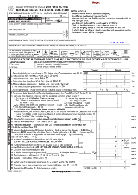 Fillable Form Mo-1040 - Individual Income Tax Return - Long Form - 2011 Printable pdf
