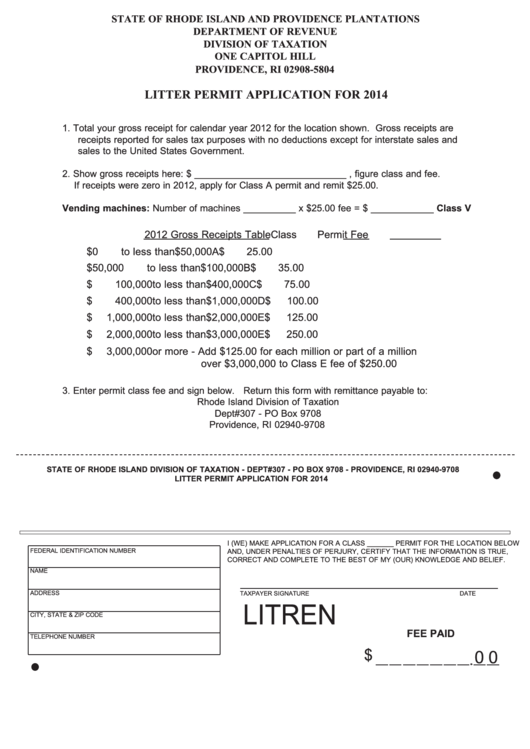 Litter Permit Application Form For 2014 - Rhode Island Department Of Revenue Printable pdf