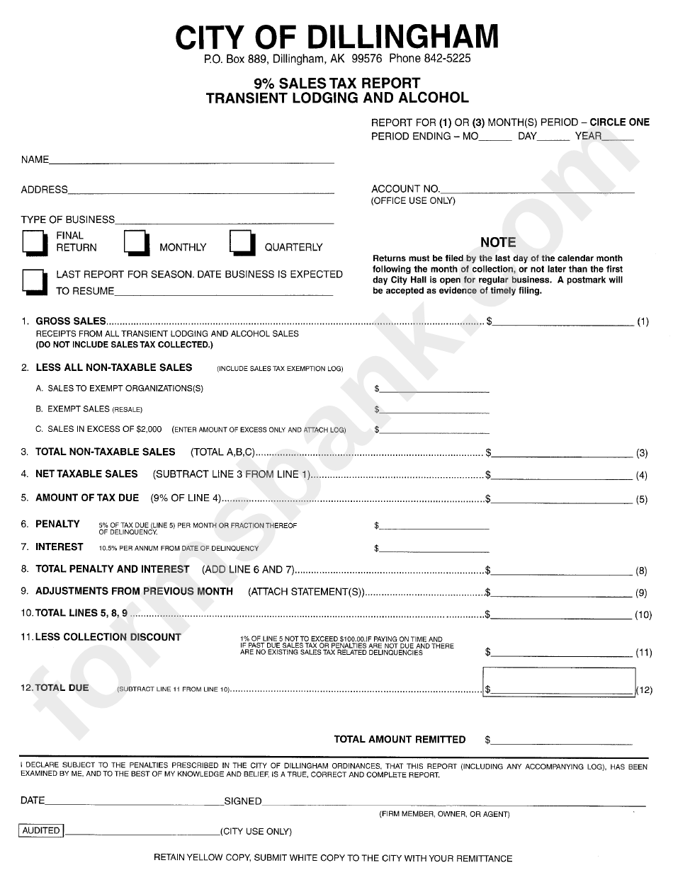 9 Sales Tax Report Transient Lodging And Alcohol City Of Dillingham