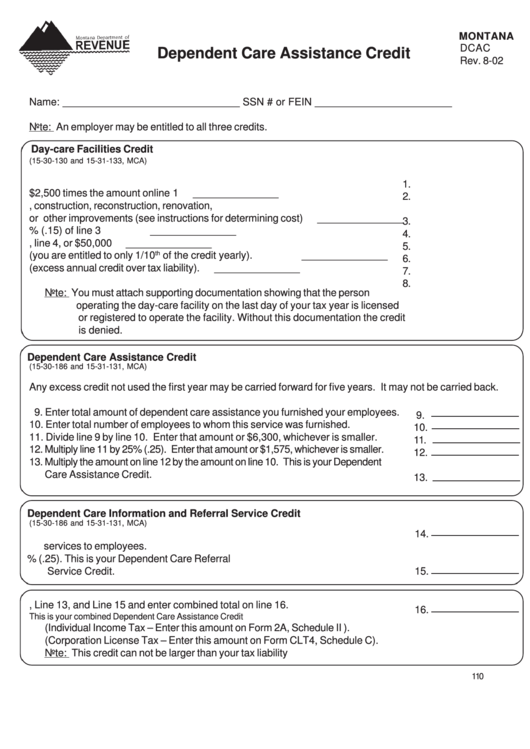 Montana Form Dcac - Dependent Care Assistance Credit Printable pdf