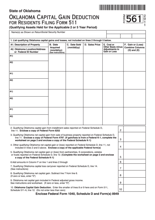 Fillable Form 561 - Oklahoma Capital Gain Deduction For Residents - 2011 Printable pdf