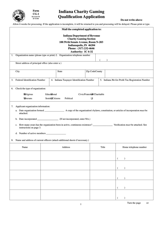 Fillable Form Cg-1 - Indiana Charity Gaming Qualification Application Printable pdf