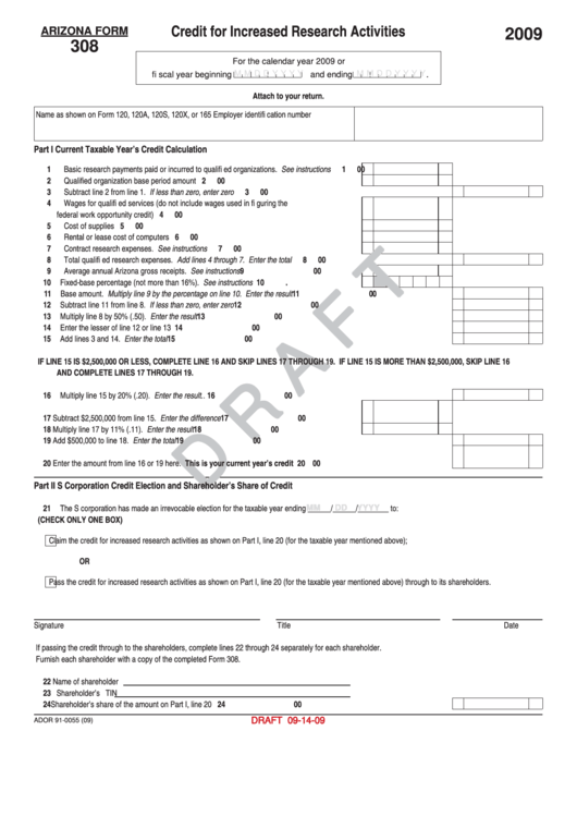 Arizona Form 308 Draft - Credit For Increased Research Activities - 2009 Printable pdf