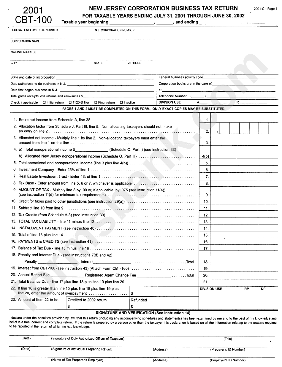 Form Cbt-100 - New Jersey Corporation Business Tax Return - 2001