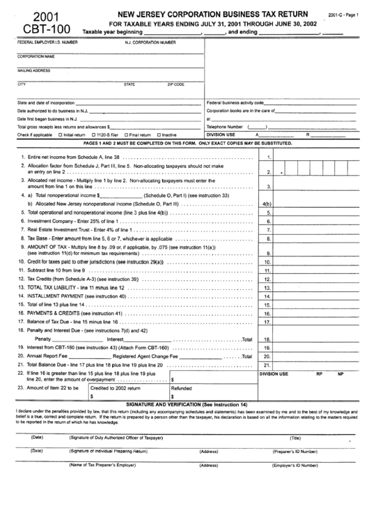 Form Cbt-100 - New Jersey Corporation Business Tax Return - 2001 Printable pdf