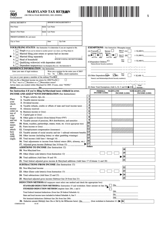Fillable Form 505 - Maryland Nonresident Tax Return - 2003 Printable pdf