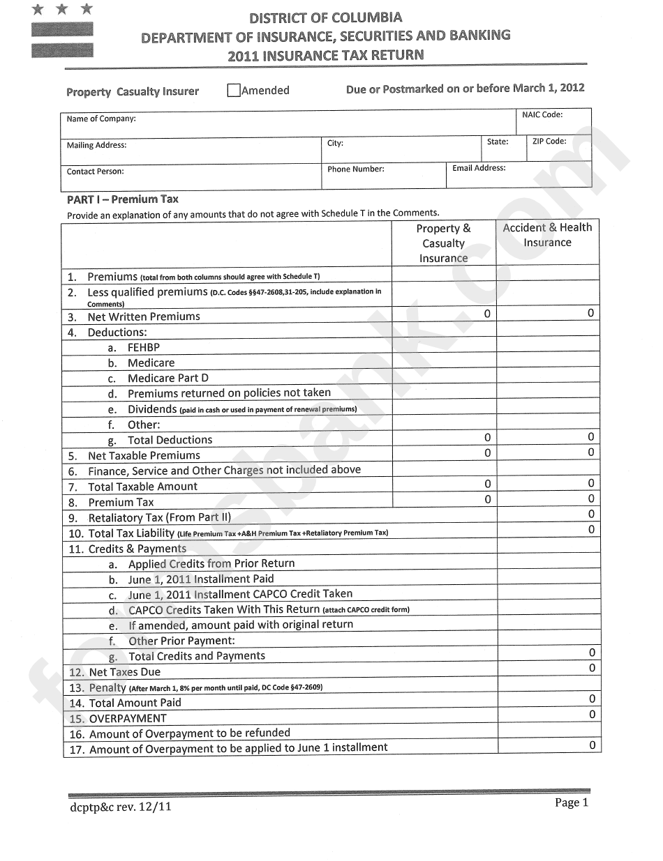 Insurance Tax Return Form - Property Casualty Insurer - Distirct Of Columbia Department Of Insurance,securities And Banking - 2011