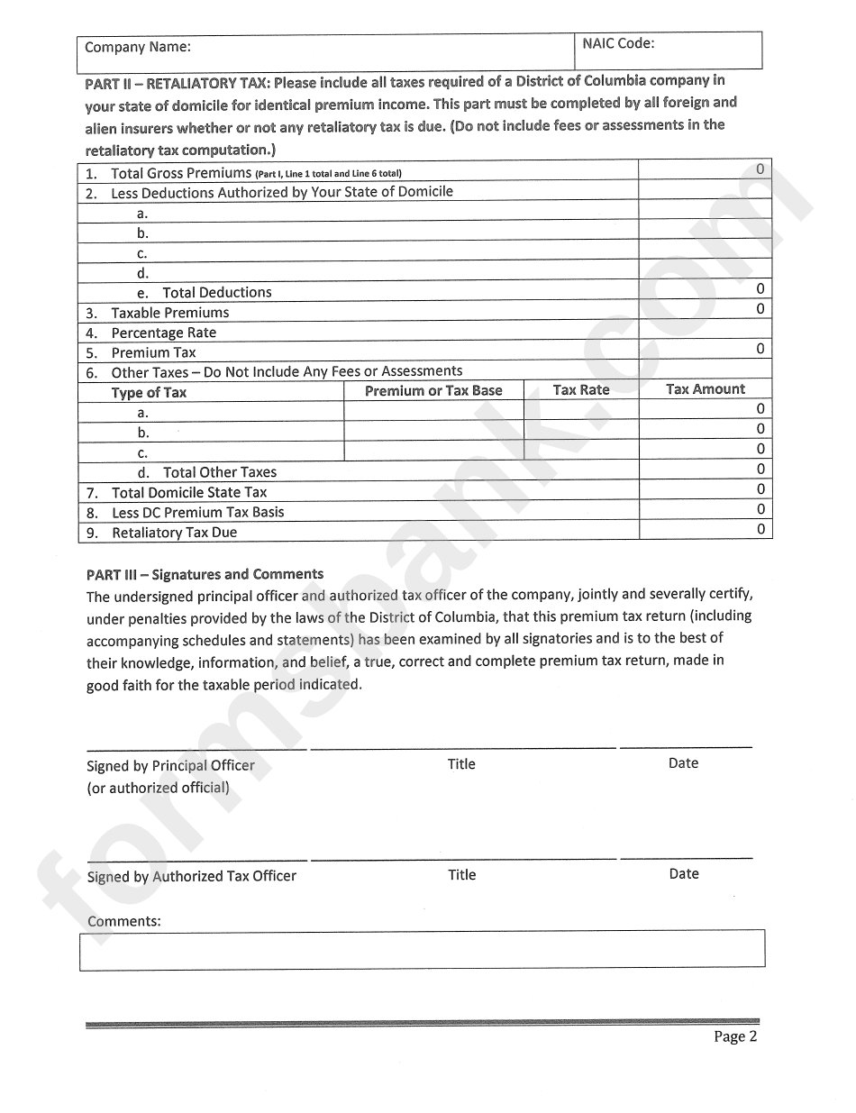 Insurance Tax Return Form - Property Casualty Insurer - Distirct Of Columbia Department Of Insurance,securities And Banking - 2011