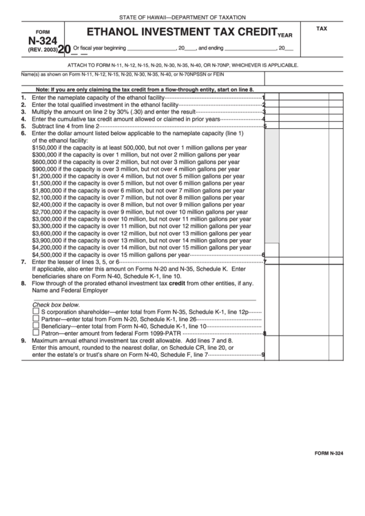 Form N-324 - Ethanol Investment Tax Credit Printable pdf