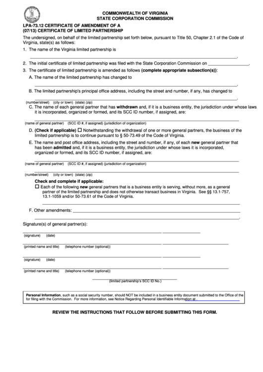 Form Lpa-73.12 - Certificate Of Amendment Of A Certificate Of Limited Partnership Printable pdf