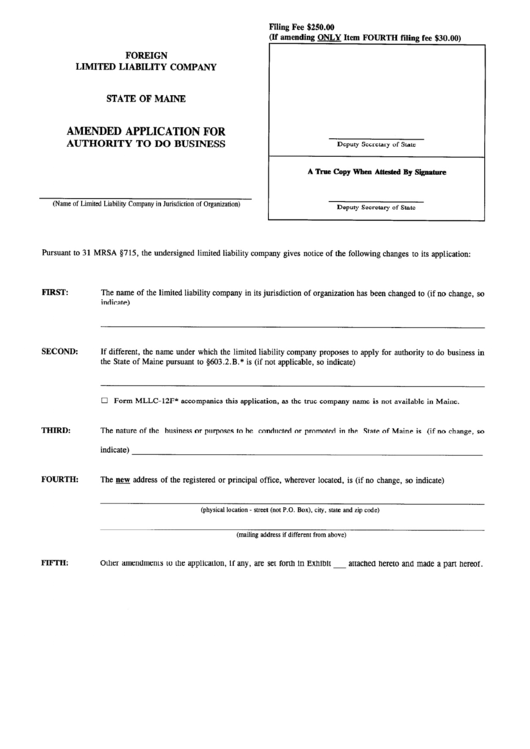 Form Mllc-12a - Amended Application For Authority To Do Business - Maine Secretary Of State Printable pdf