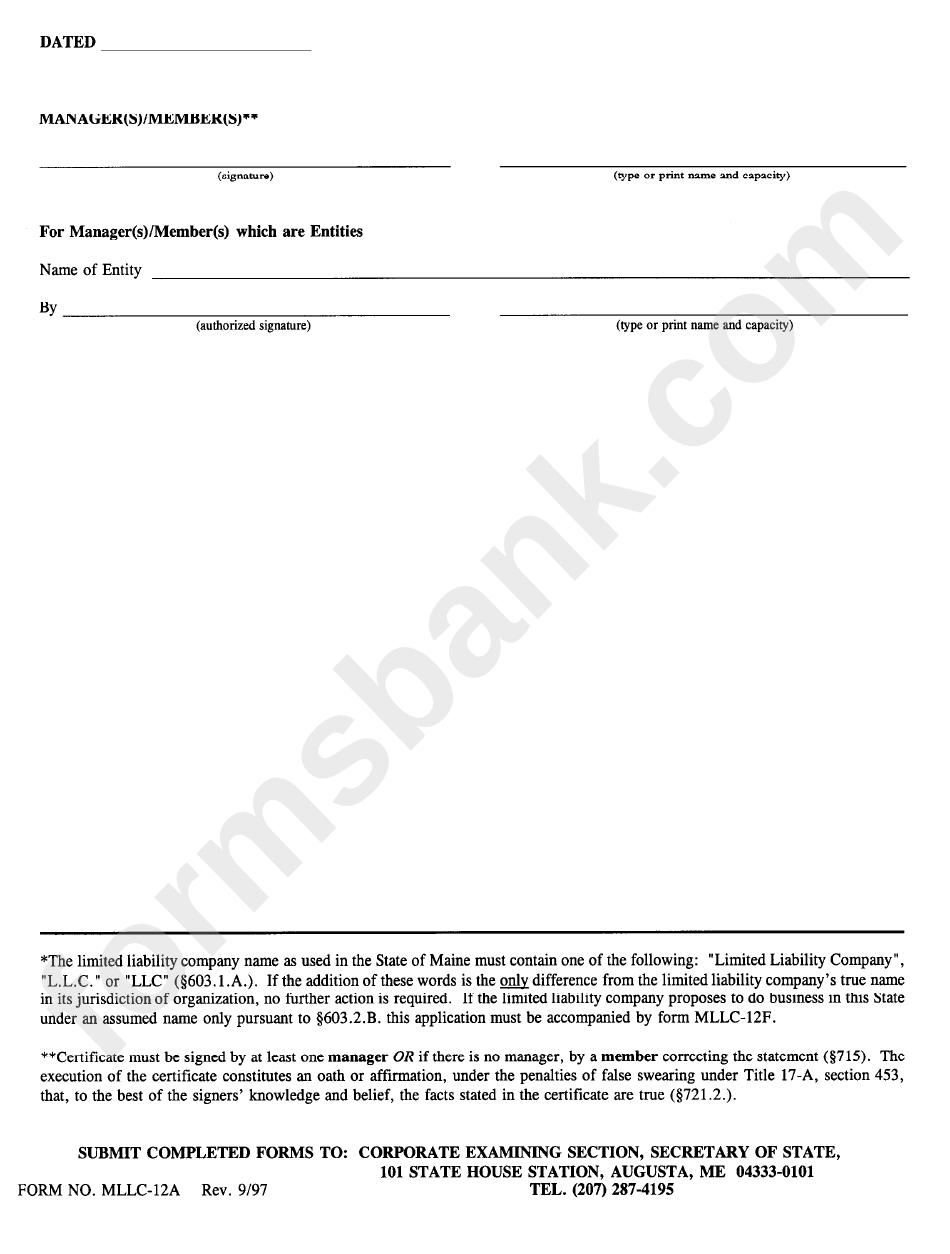 Form Mllc-12a - Amended Application For Authority To Do Business - Maine Secretary Of State