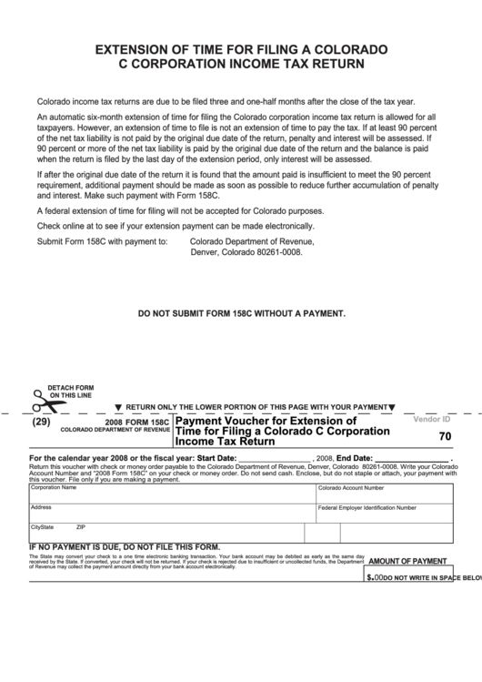 Fillable Form 158c - 2008 Payment Voucher For Extension Of Time For Filing A Colorado C Corporation Income Tax Return Printable pdf