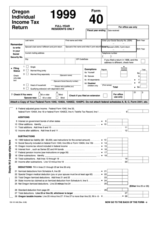 Fillable Form 40 - Oregon Individual Income Tax Return - 1999 Printable pdf