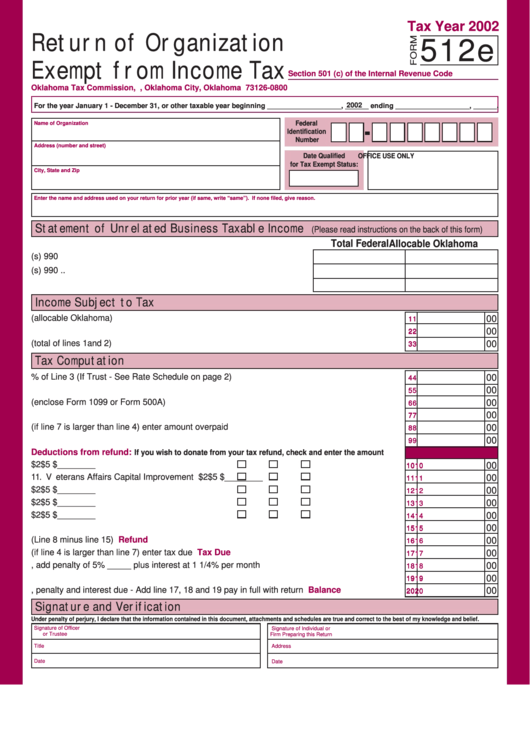Form 512e - Return Of Organization Exempt From Income Tax - 2002 Printable pdf