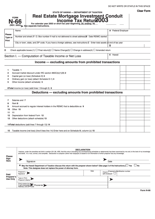Fillable Form N-66 - Real Estate Mortgage Investment Conduit Income Tax Return - 2003 Printable pdf