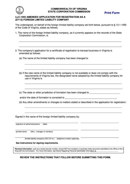 Fillable Form Llc-1055 - Amended Application For Registration As A Foreign Llc Printable pdf