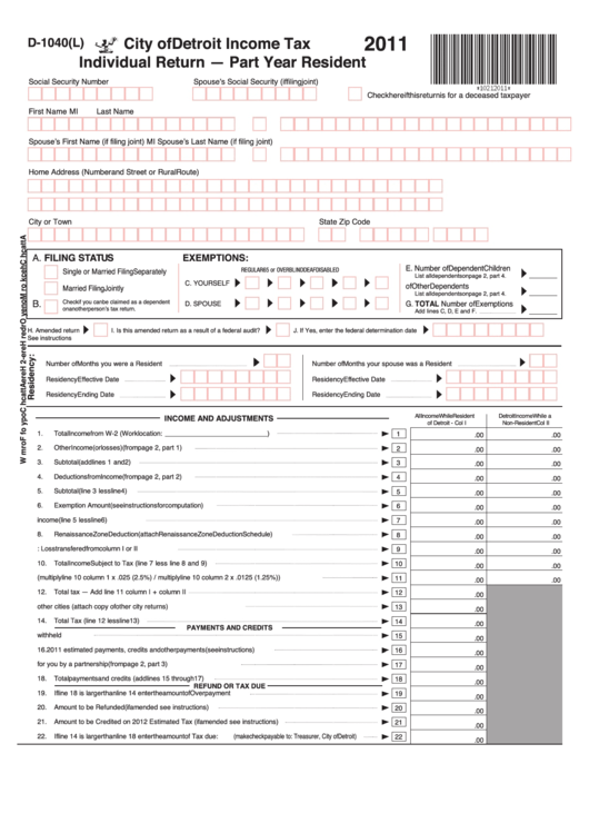 Form D-1040(L) - City Of Detroit Income Tax Individual Return - Part Year Resident - 2011 Printable pdf