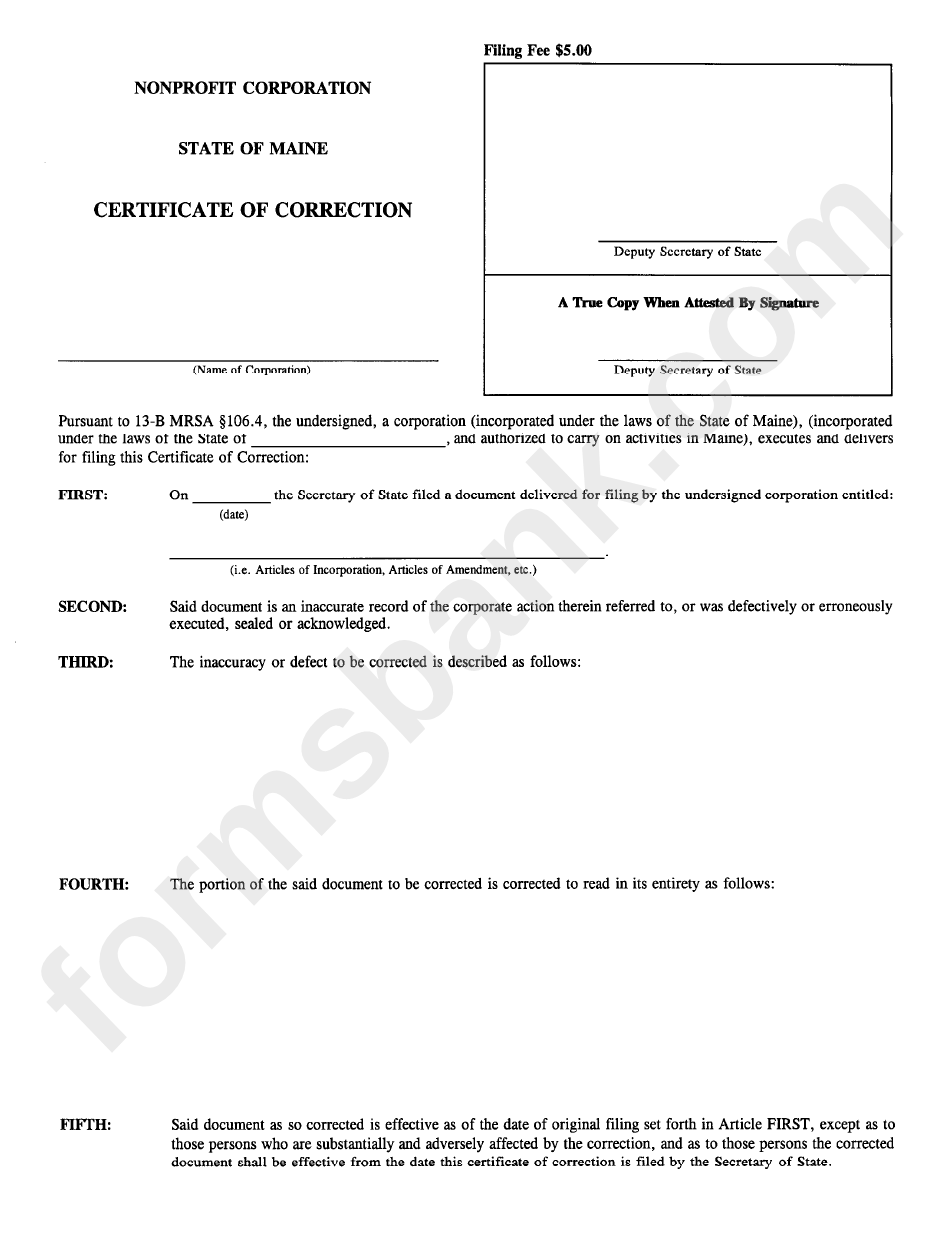Form Mnpca-12 - Certificate Of Correction - Maine Secretary Of State